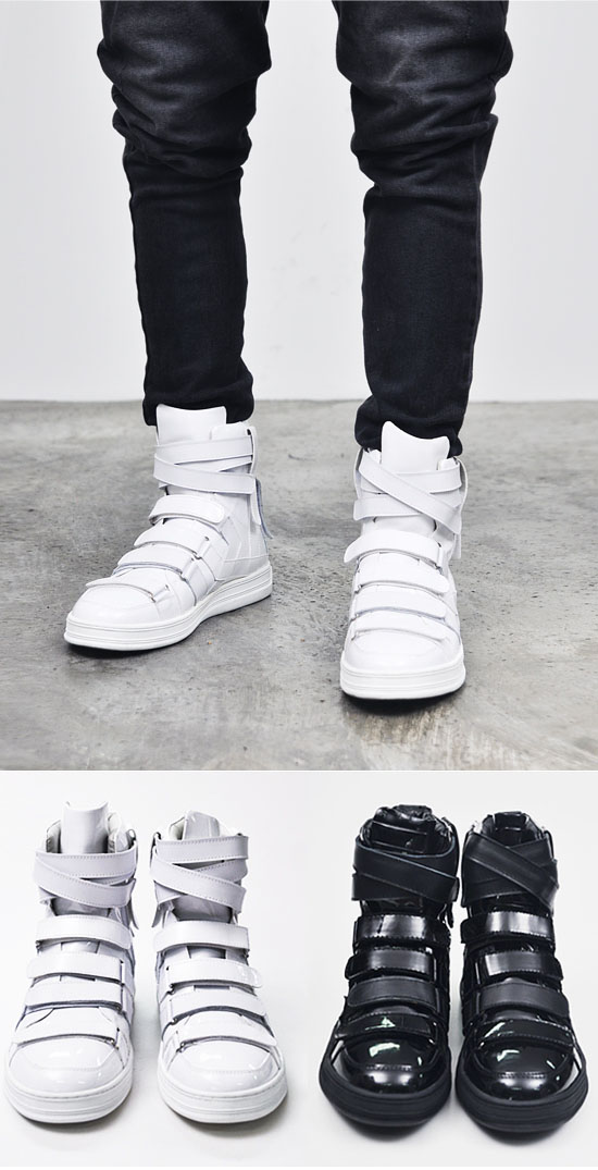 Designer Homme Mens Multi Strap Velcro High Top Real Leather Sneakers